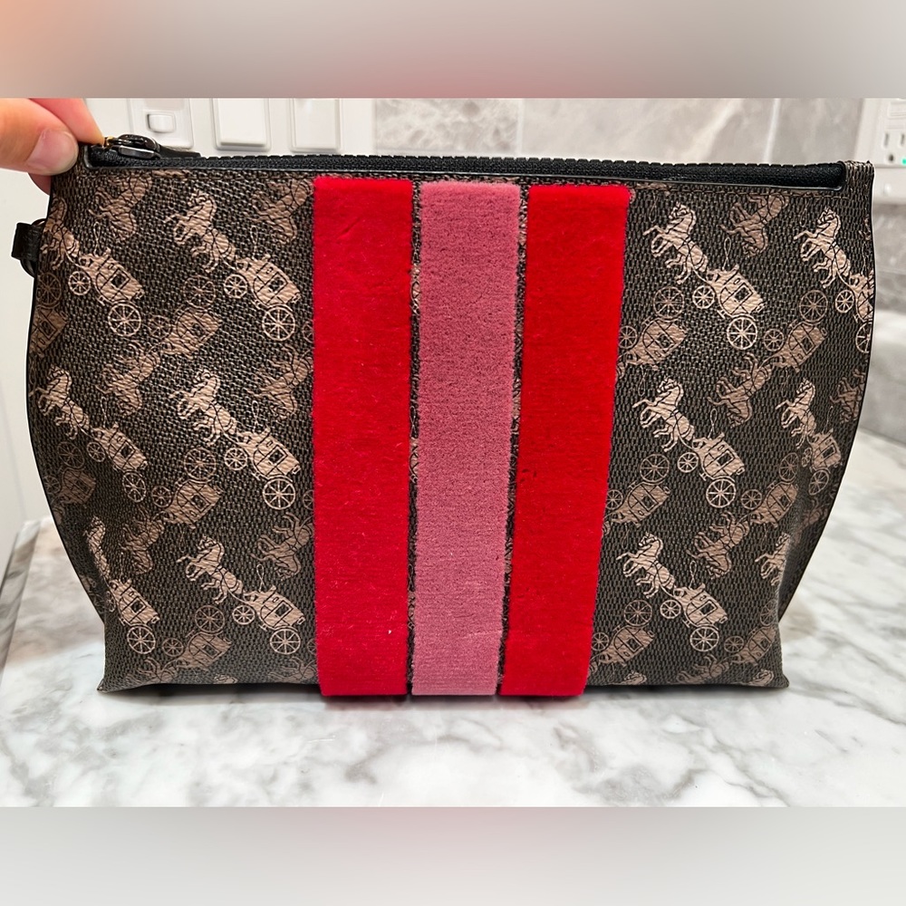 Coach Charlie pouch with horse and carriage print and varsity stripe